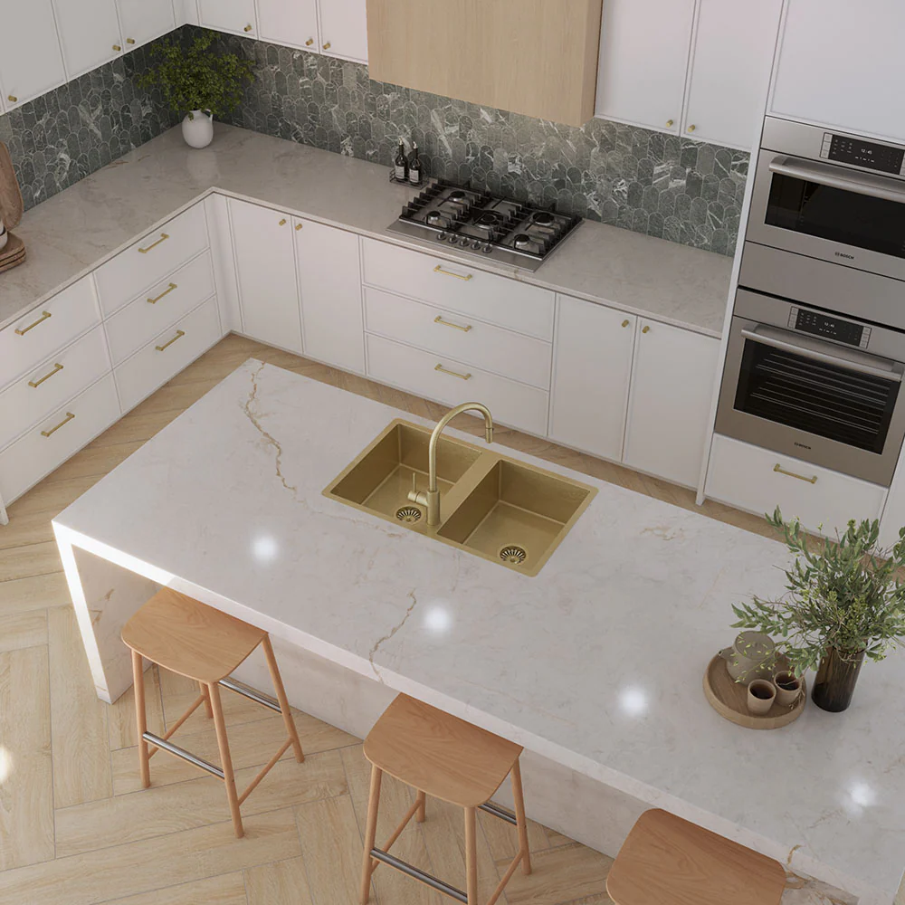 Alma Jack 820x500 Double Bowl Tap Landing Sink Brushed Brass Gold - Image 2