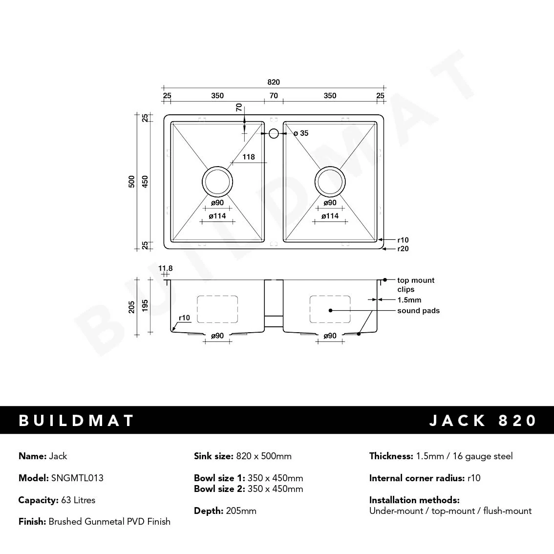 Alma Jack 820x500 Double Bowl Tap Landing Sink Brushed Gunmetal - Image 4