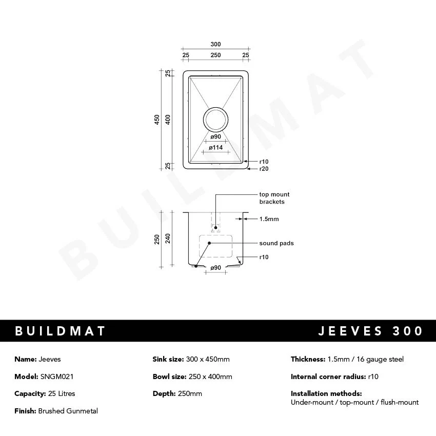 Alma Brushed Gunmetal Jeeves 300x450 Single Bowl Butler Sink - Image 4