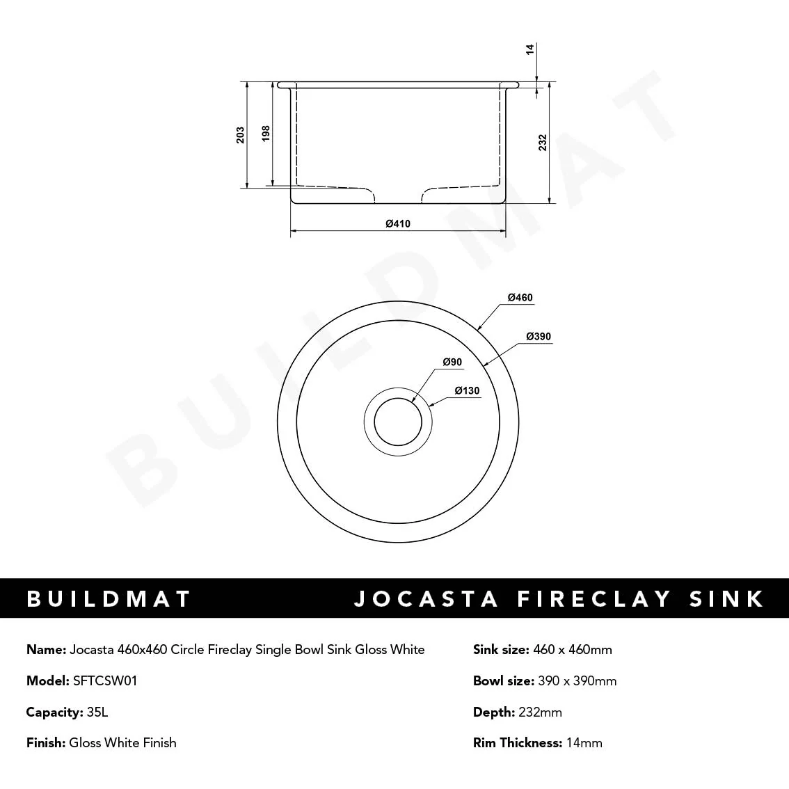Alma Jocasta 460x460 Gloss White Circle Fireclay Single Bowl Sink - Image 8