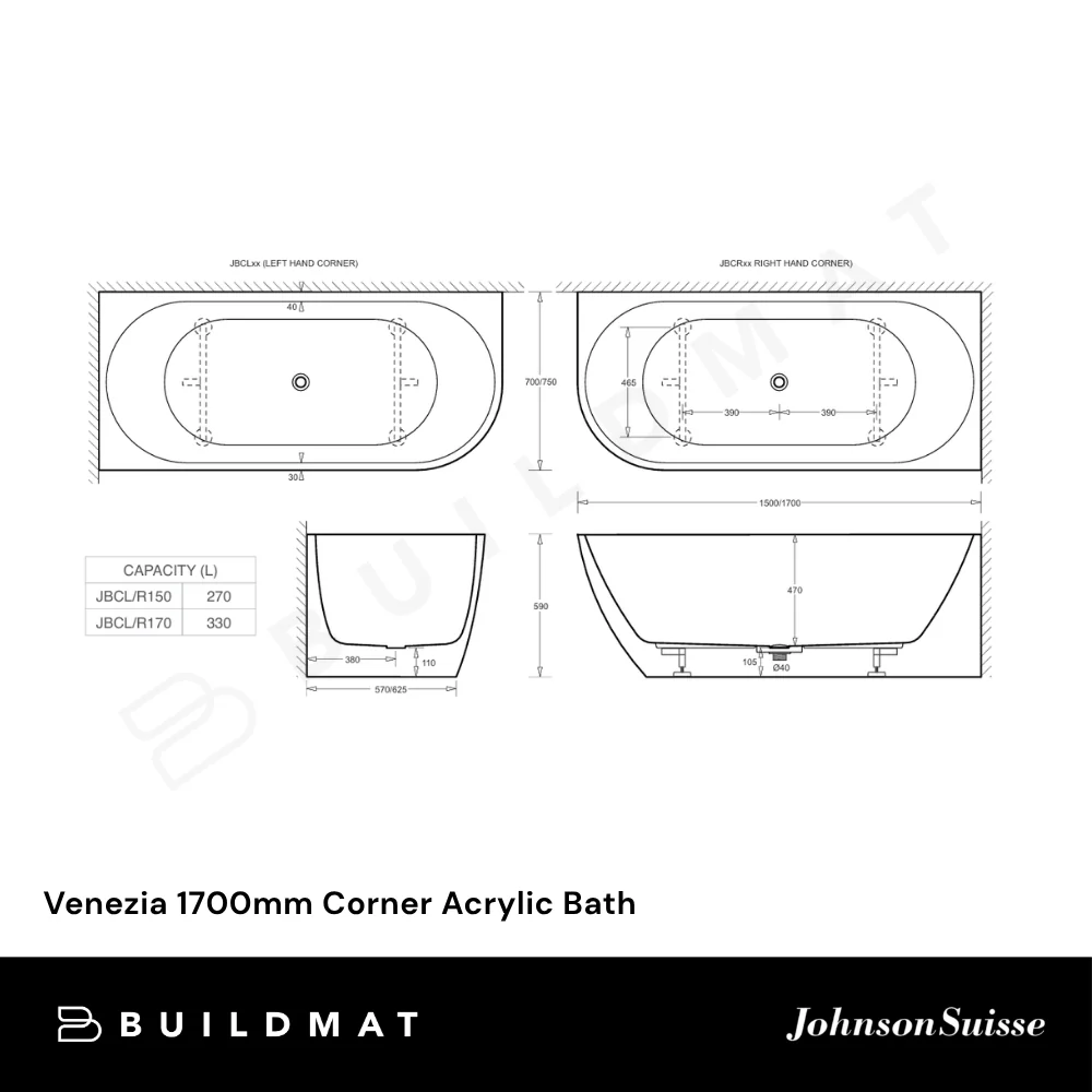 Johnson Suisse Venezia 1700mm Corner Acrylic Bath Right Hand Matte White - Image 4