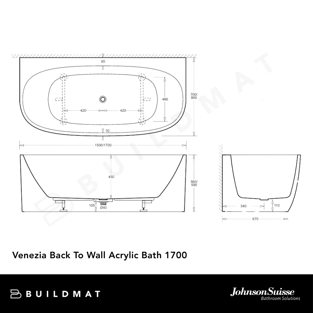 Johnson Suisse Venezia Back To Wall Acrylic Bath 1700 Matte White - Image 4