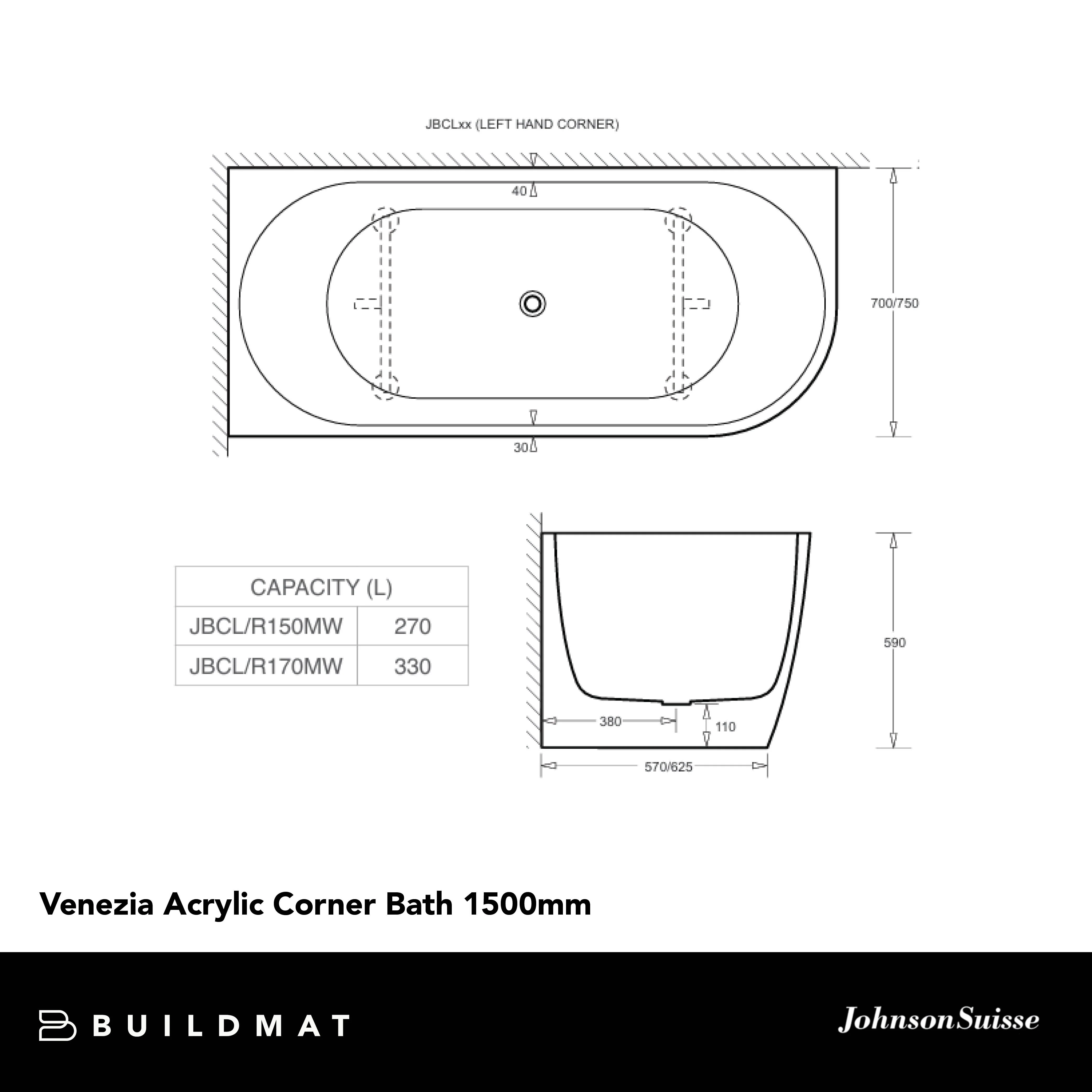 Johnson Suisse Venezia Corner Acrylic Bath 1500 Left Hand Matte White - Image 4