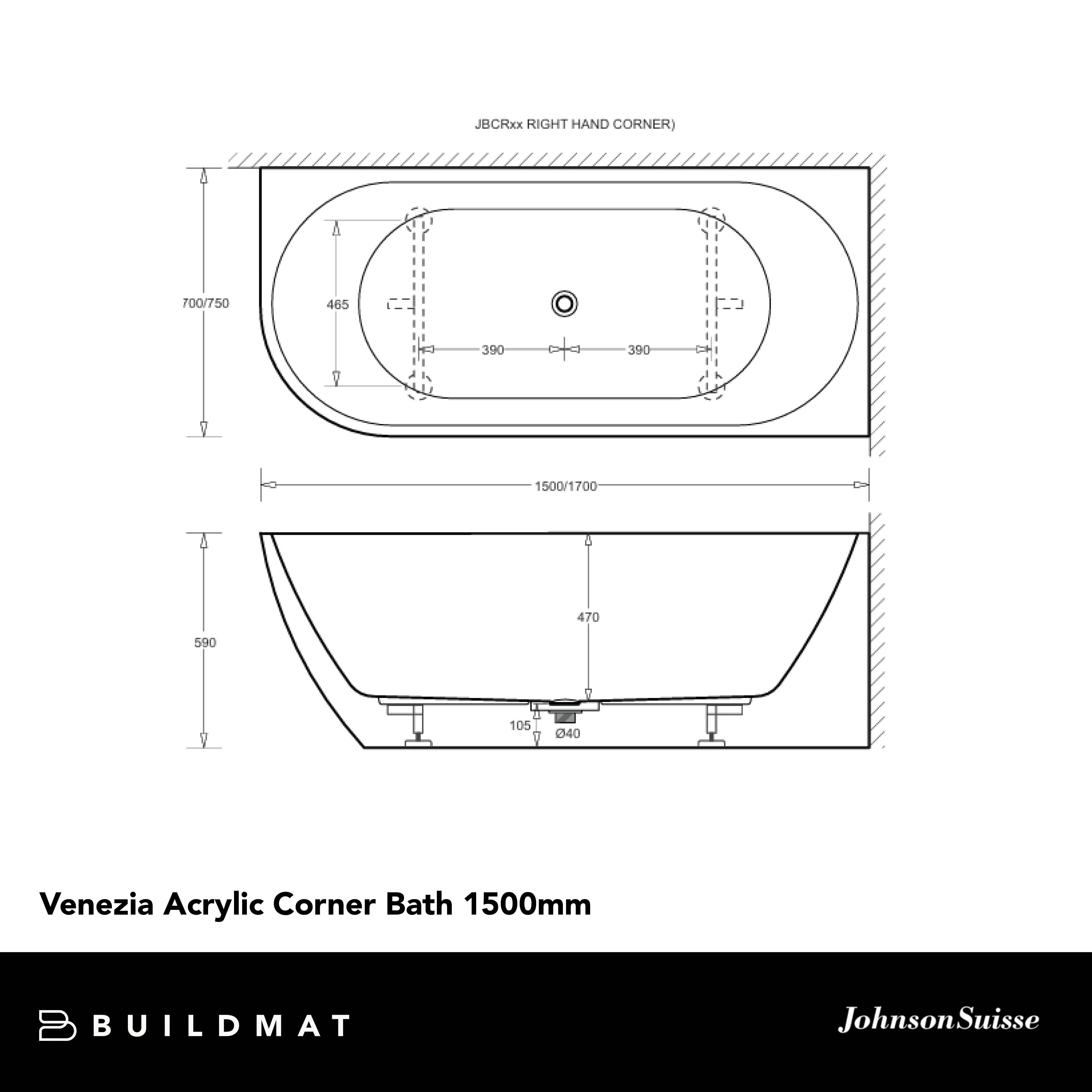 Johnson Suisse Venezia Corner Acrylic Bath 1500 Right Hand Matte White - Image 4