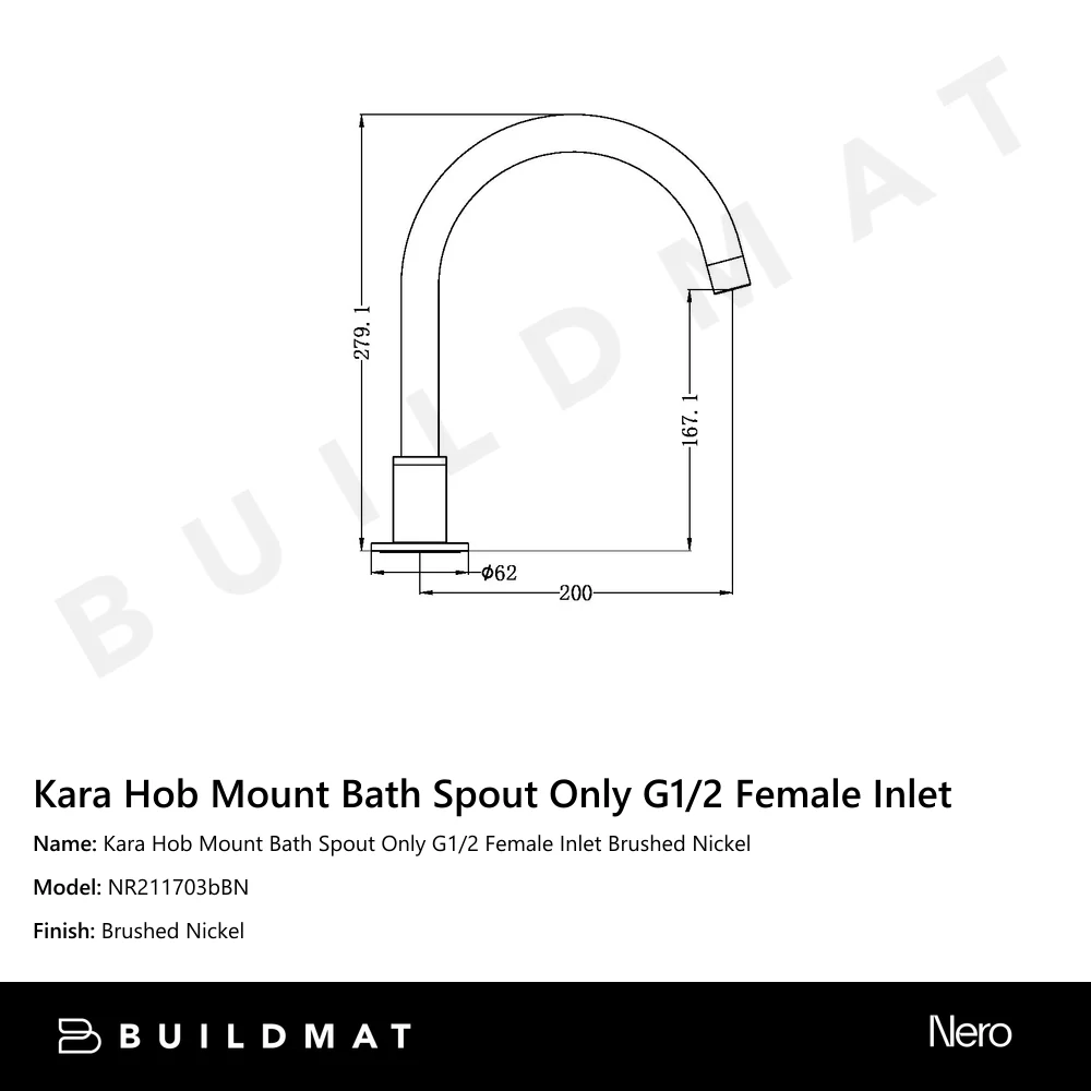Nero Kara Hob Mount Bath Spout Only G1/2 Female Inlet Brushed Nickel - Image 4