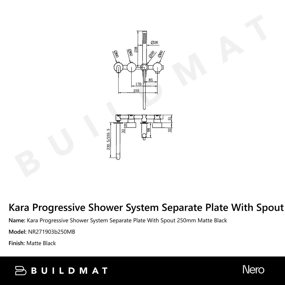 Nero Kara Progressive Shower System Separate Plate With Spout 250mm Matte Black - Image 4