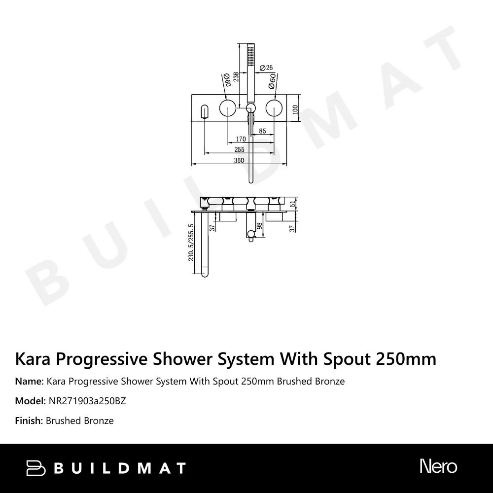 Nero Kara Progressive Shower System With Spout 250mm Brushed Bronze - Image 4