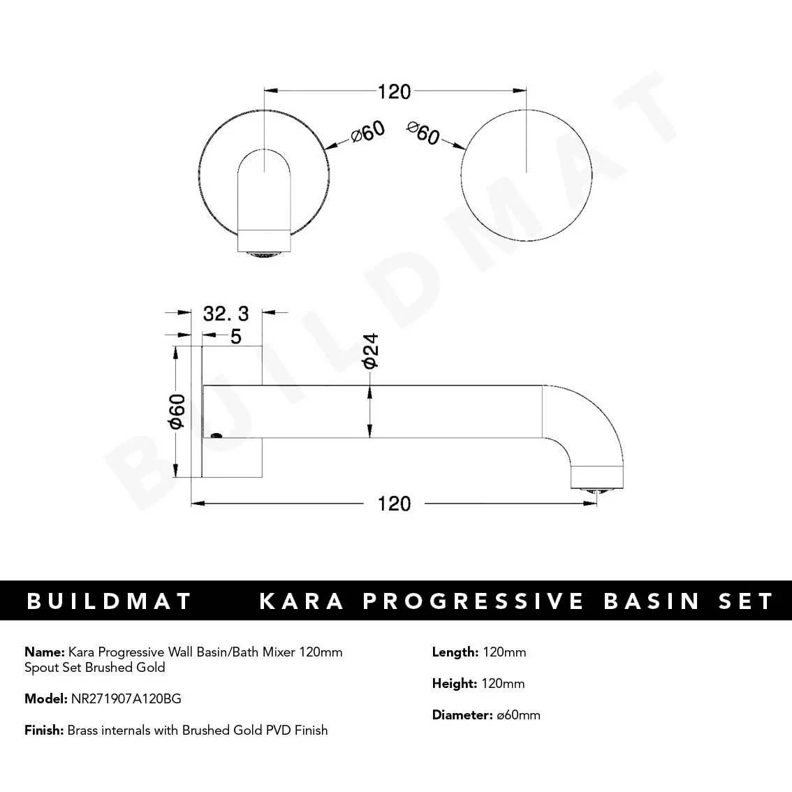 Nero Kara Progressive Wall Basin/Bath Set 120mm Brushed Gold - Image 5