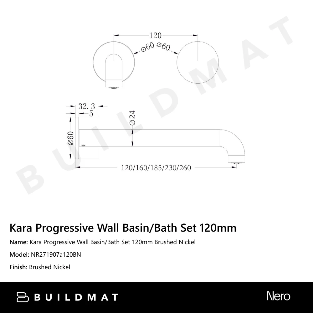 Nero Kara Progressive Wall Basin/Bath Set 120mm Brushed Nickel - Image 4
