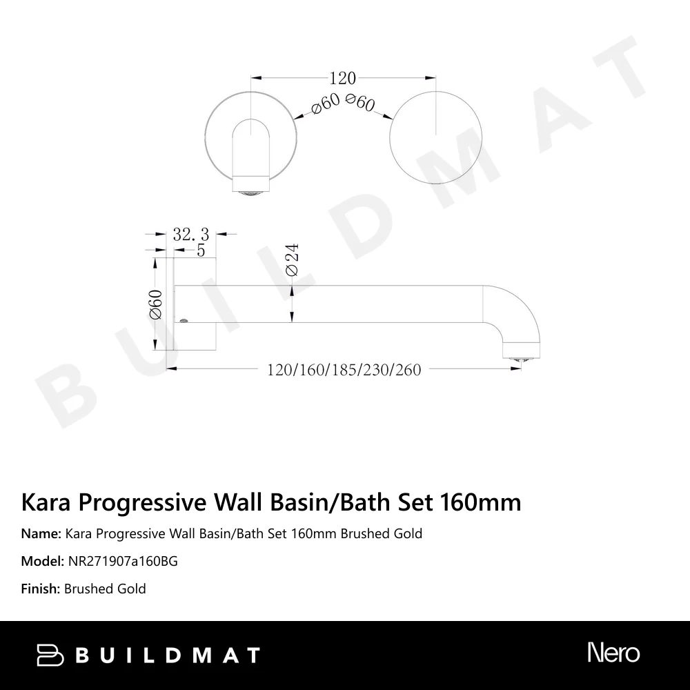Nero Kara Progressive Wall Basin/Bath Set 160mm Brushed Gold - Image 4