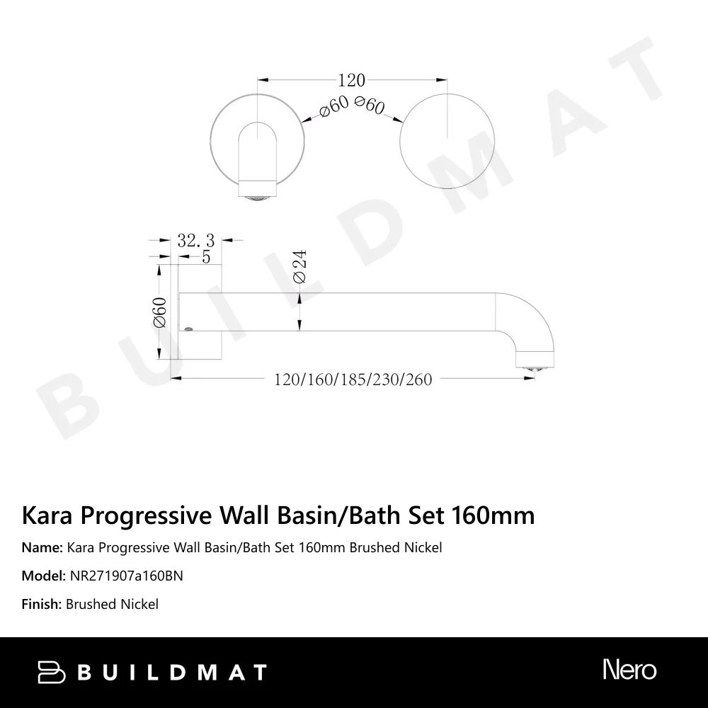 Nero Kara Progressive Wall Basin/Bath Set 160mm Brushed Nickel - Image 4