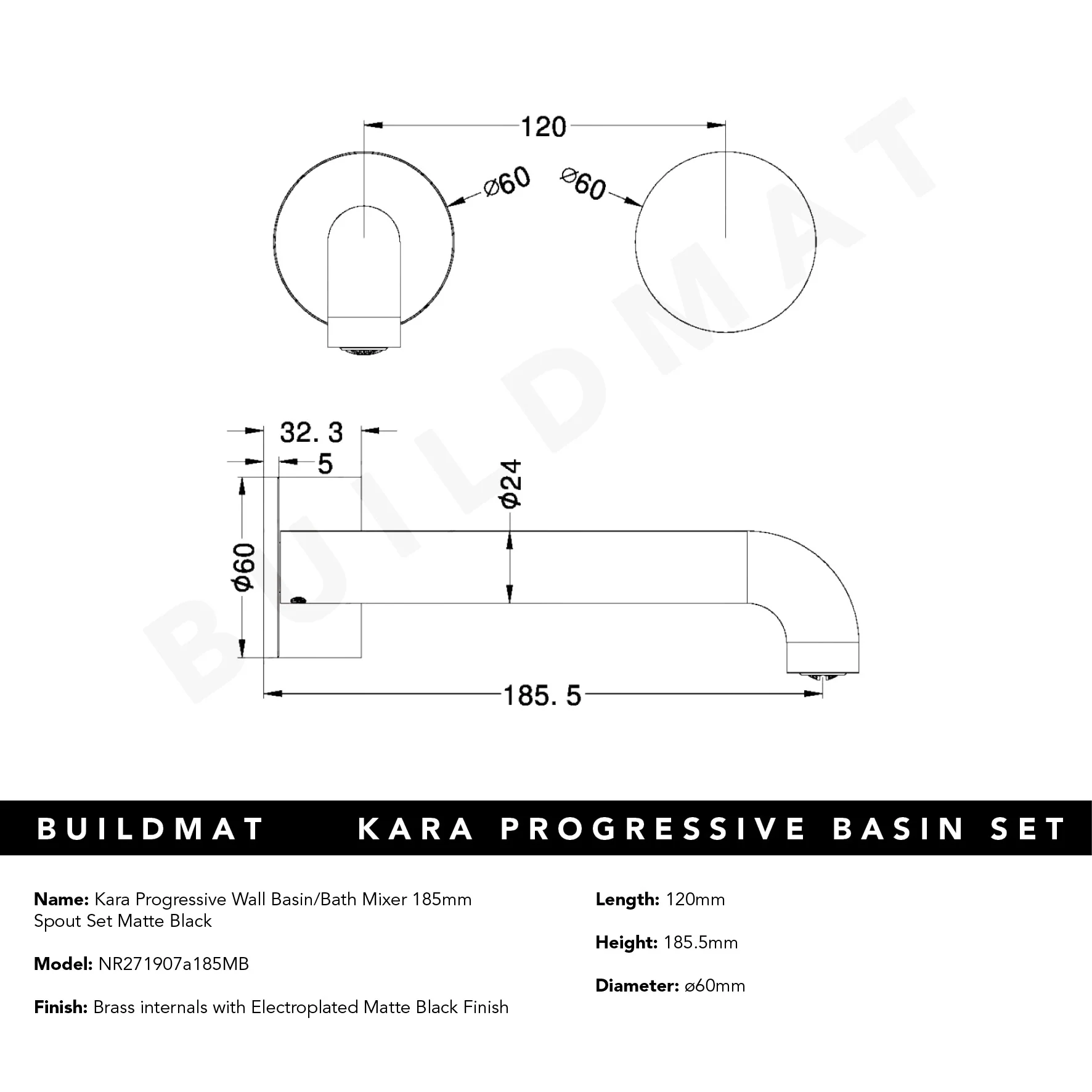 Nero Kara Progressive Wall Basin/Bath Set 185mm Matte Black - Image 5