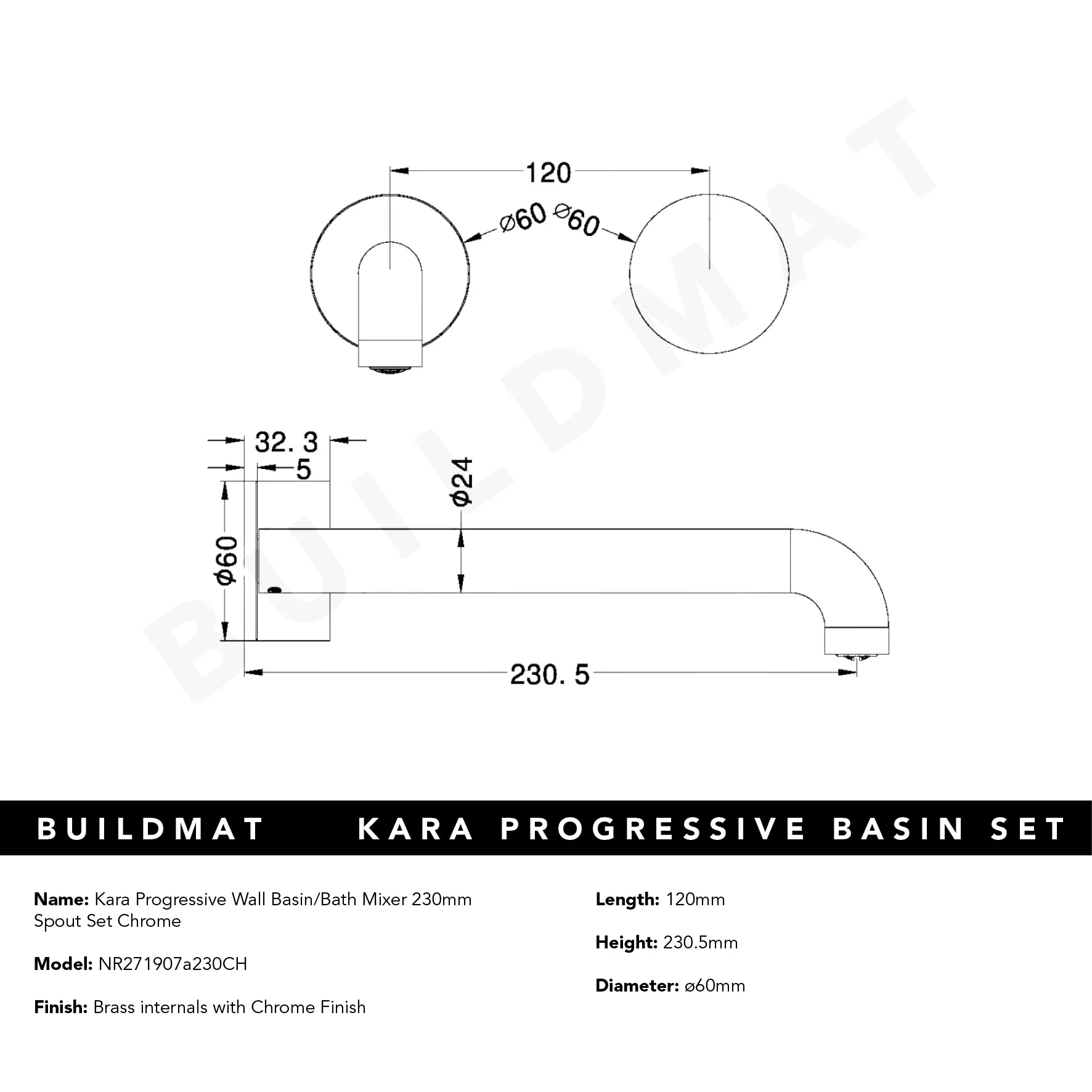 Nero Kara Progressive Wall Basin/Bath Set 230mm Chrome - Image 5