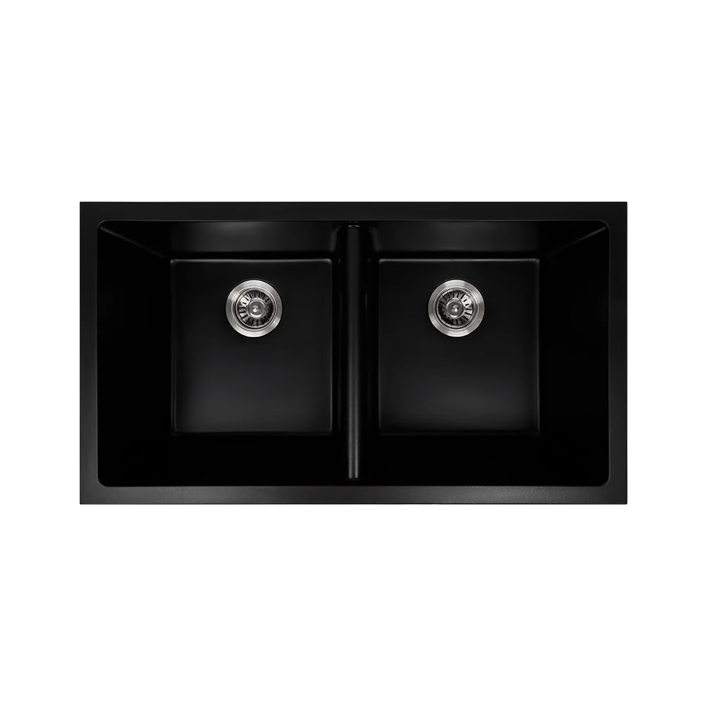 Alma Keith 848x467 Black Granite Square Double Bowl Sink