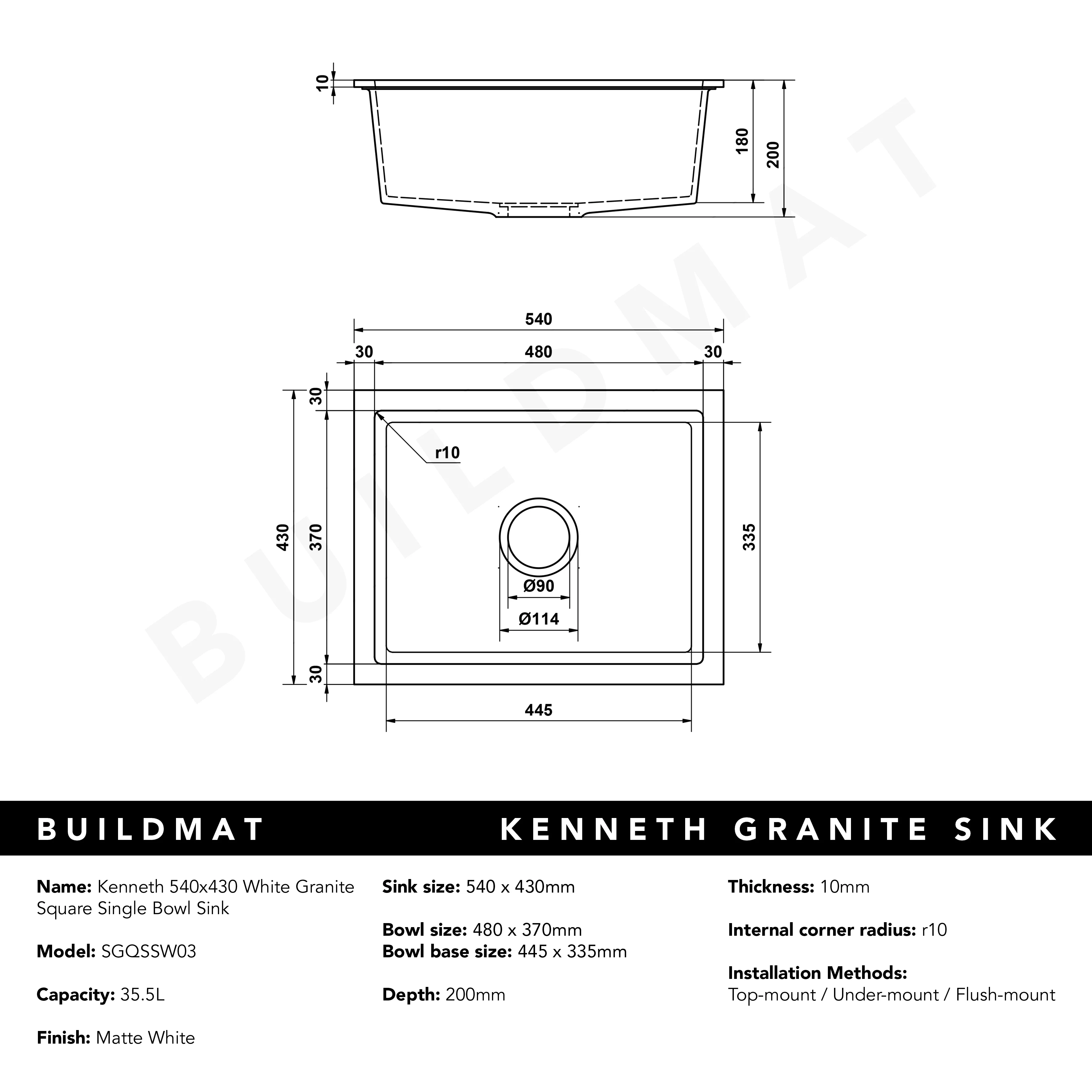 Alma Kenneth 540x430 White Granite Square Single Bowl Sink - Image 6