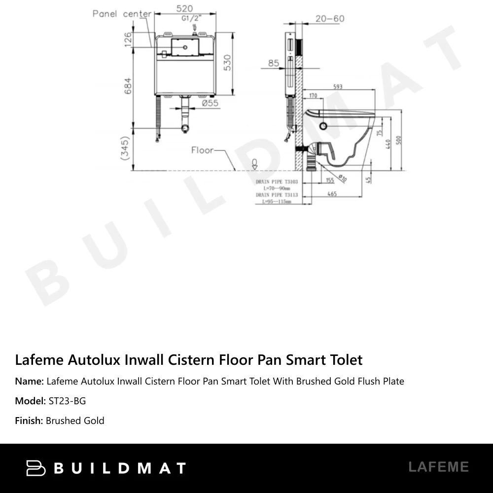 Lafeme Autolux Inwall Cistern Floor Pan Smart Toilet With Brushed Gold Flush Plate - Image 4