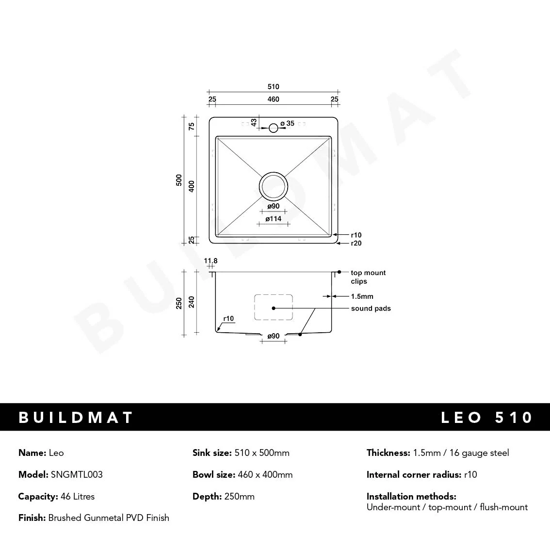 Alma Leo 510x500 Single Bowl Tap Landing Sink Brushed Gunmetal - Image 5