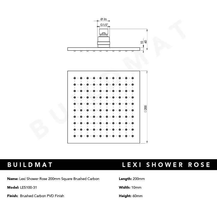 Phoenix Lexi Shower Rose 200mm Square Brushed Carbon - Image 4