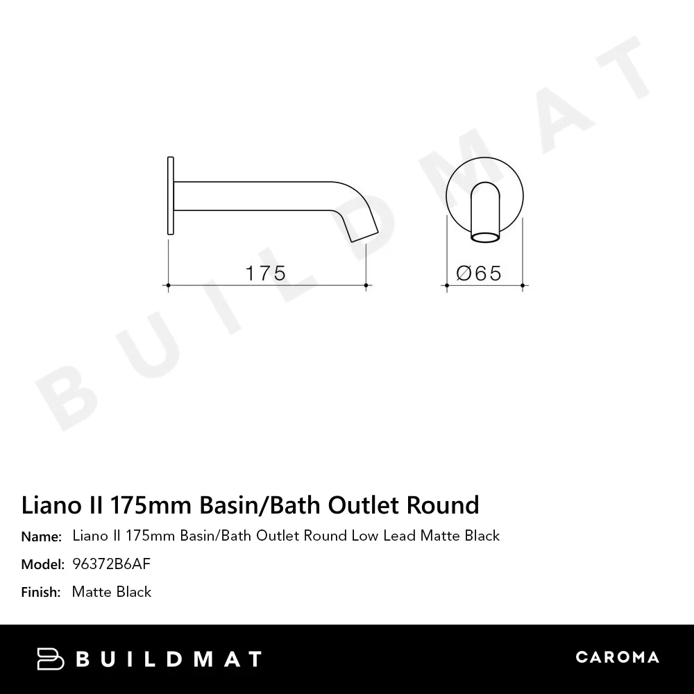 Caroma Liano II Basin/Bath Outlet 175mm Lead Free Matte Black - Image 4