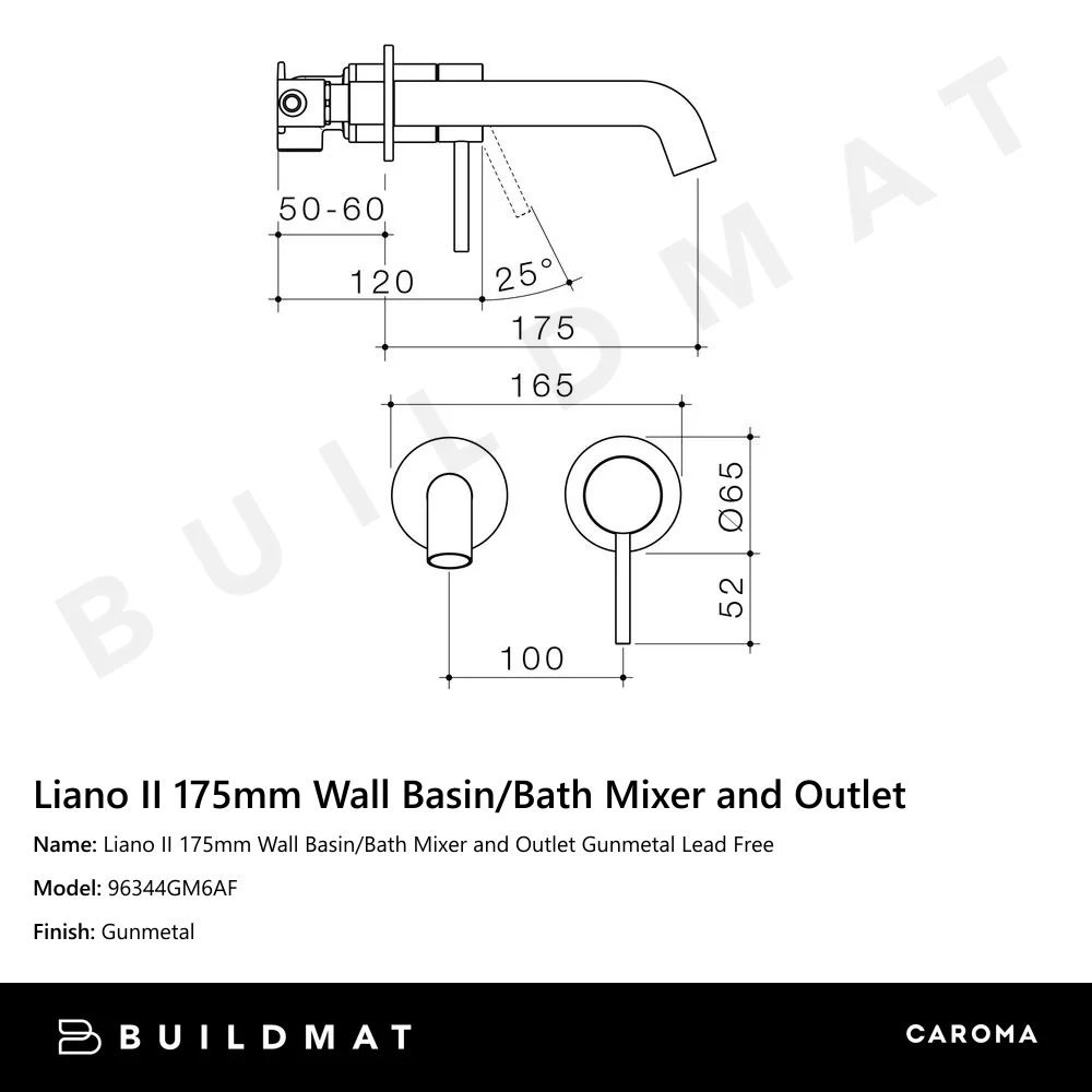 Caroma Liano II 175mm Wall Basin/Bath Mixer and Outlet Lead Free Gunmetal - Image 4