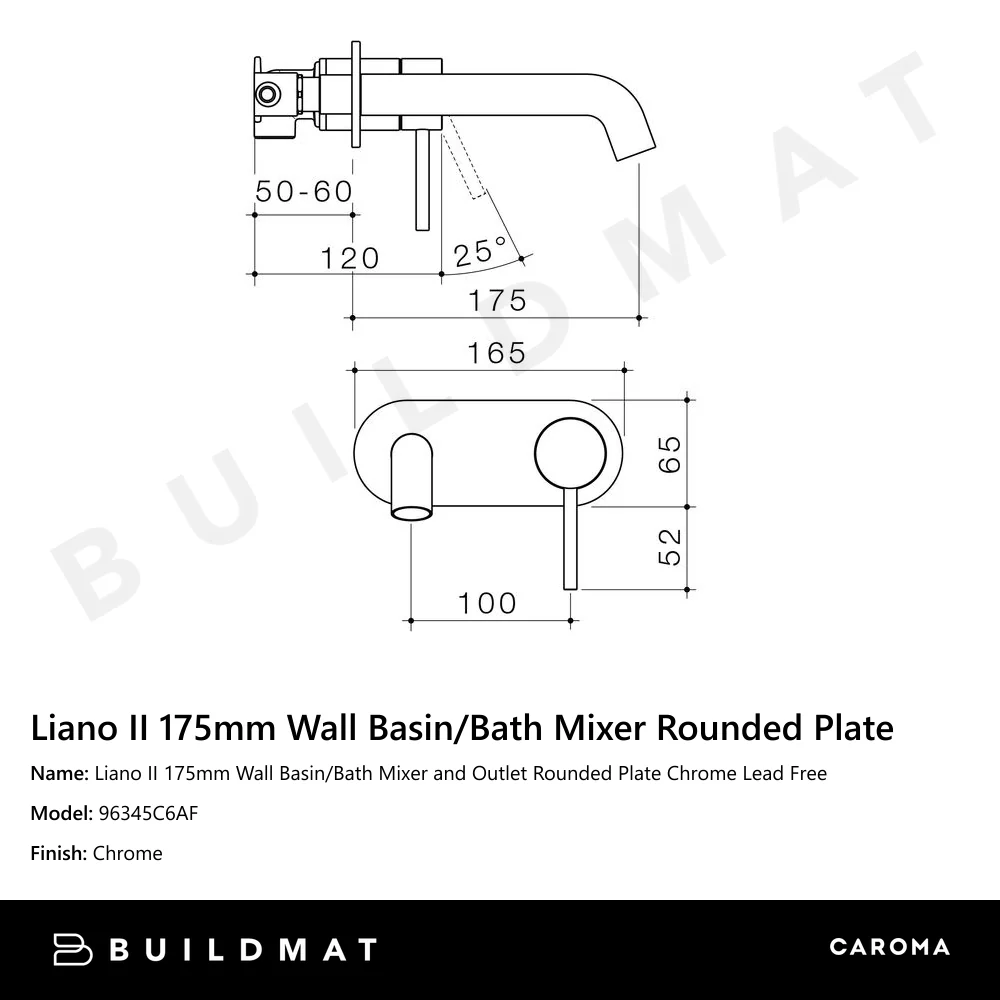 Caroma Liano II 175mm Wall Basin/Bath Mixer and Outlet Rounded Plate Lead Free Chrome - Image 4