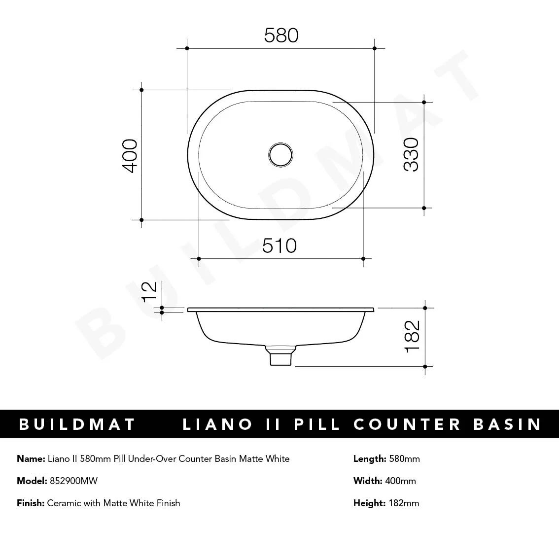 Caroma Liano II 580mm Pill Under/Over Counter Basin Matte White - Image 5