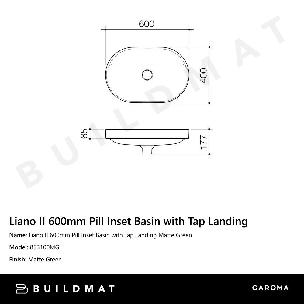Caroma Liano II 600mm Pill Inset Basin with Tap Landing Matte Green - Image 4