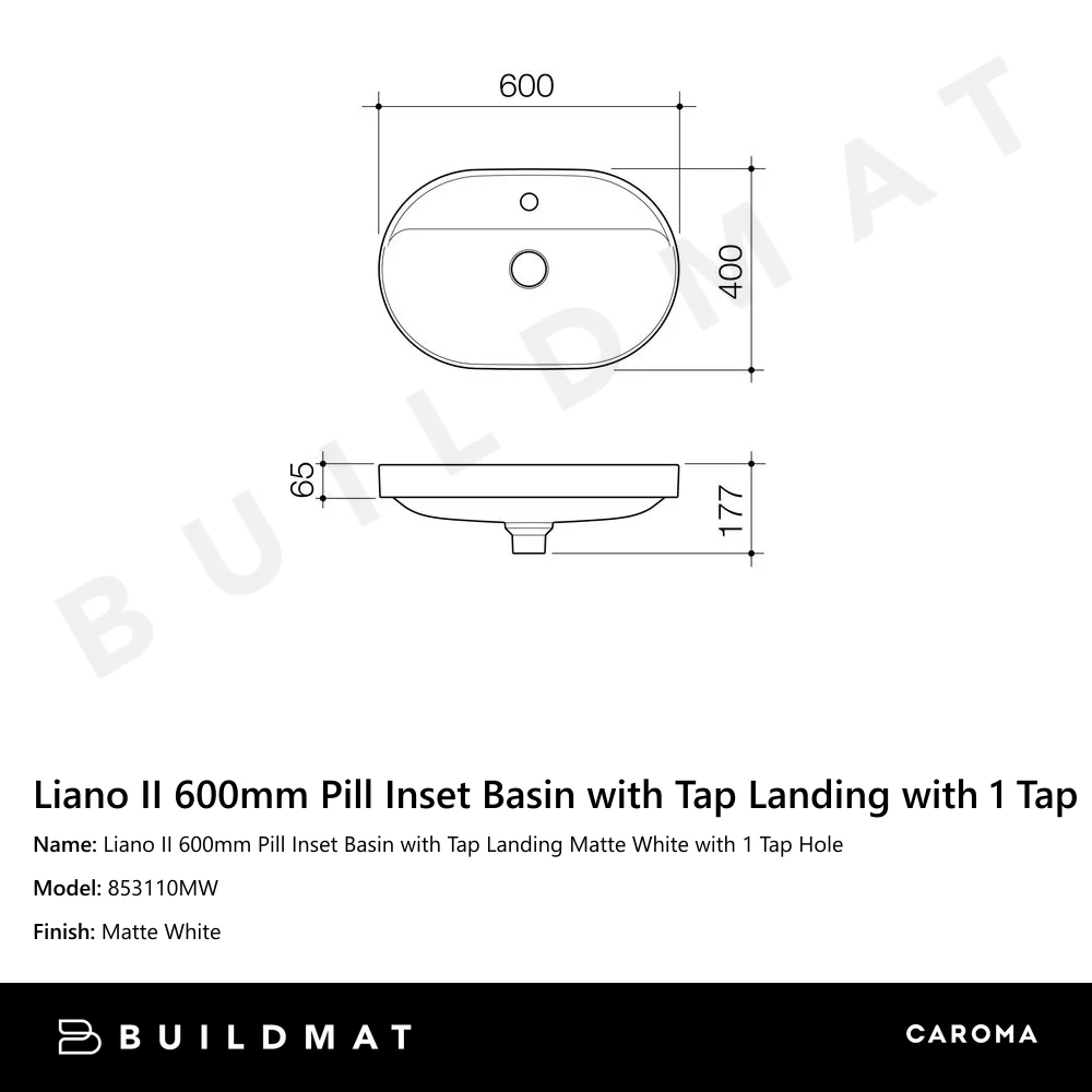 Caroma Liano II 600mm Pill Inset Basin with Tap Landing Matte White with 1 Tap Hole - Image 4