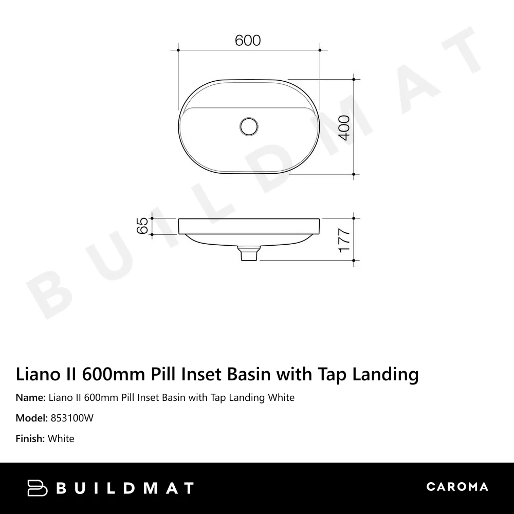 Caroma Liano II 600mm Pill Inset Basin with Tap Landing White - Image 4