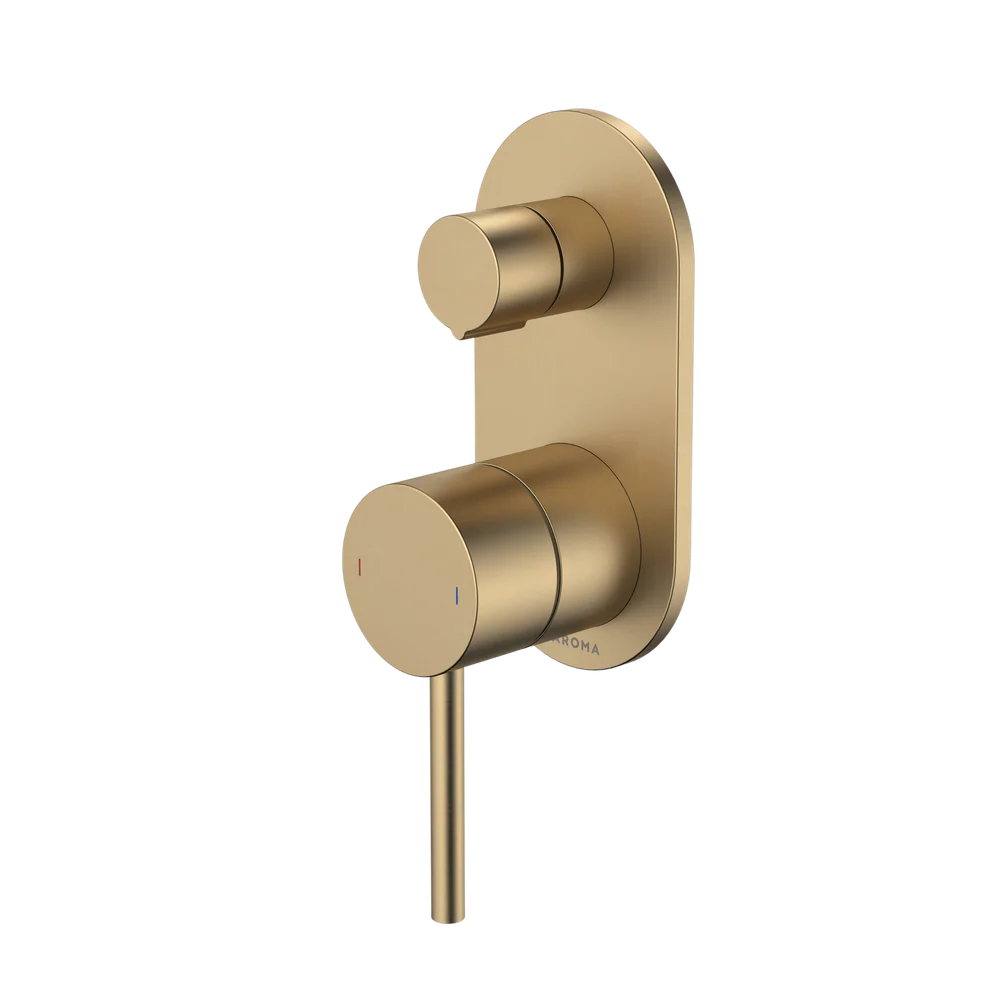Caroma Liano II Bath Shower Mixer With Diverter and Outlet Rounded Plate Brushed Brass