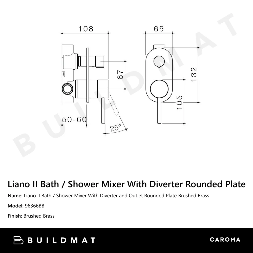 Caroma Liano II Bath Shower Mixer With Diverter and Outlet Rounded Plate Brushed Brass - Image 4