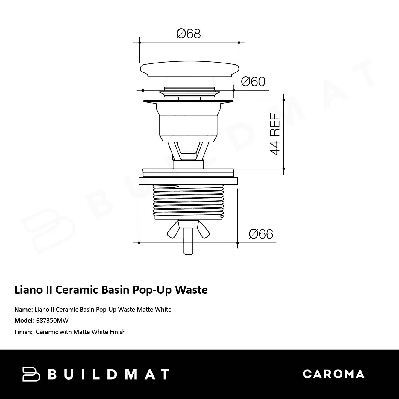 Caroma Liano II Ceramic Basin Pop-Up Waste Matte White - Image 4