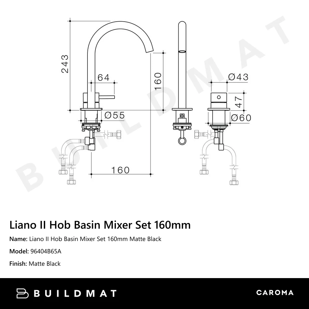 Caroma Liano II Hob Basin Mixer Set 160mm Matte Black - Image 4