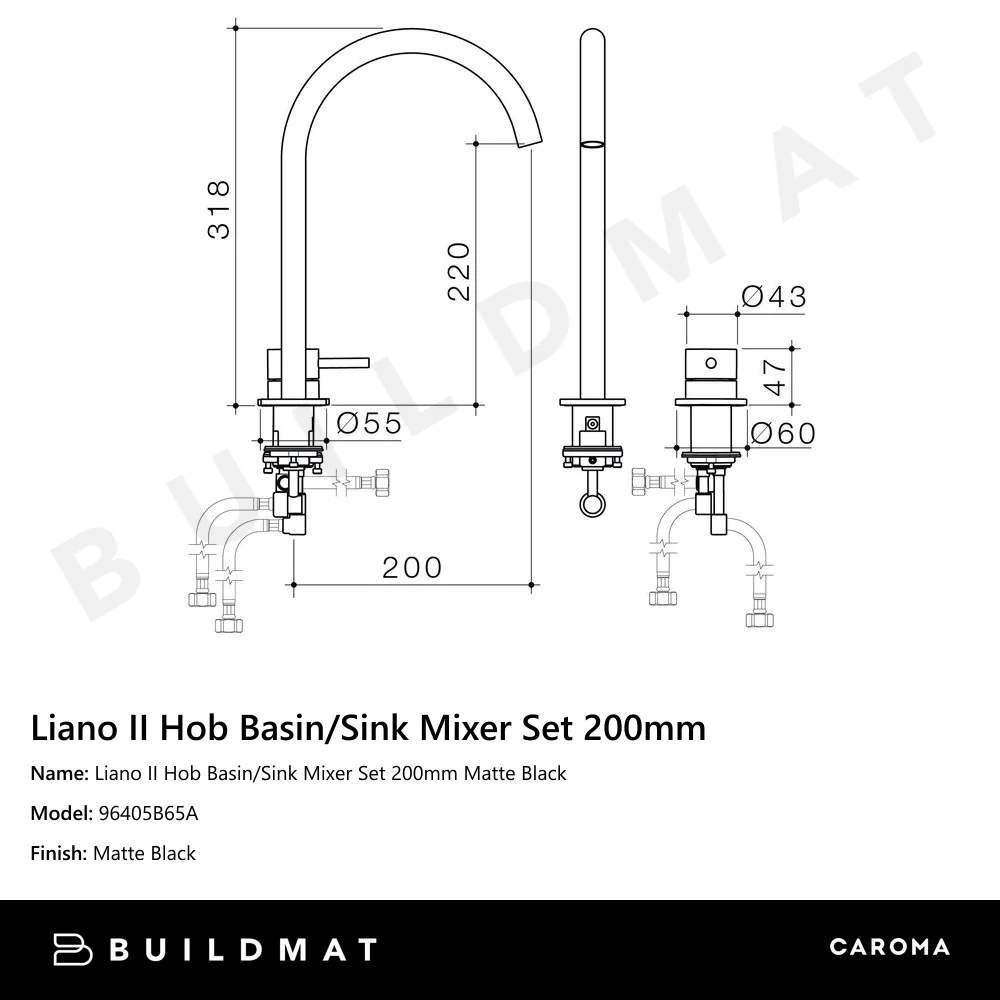 Caroma Liano II Hob Basin/Sink Mixer Set 200mm Matte Black - Image 4