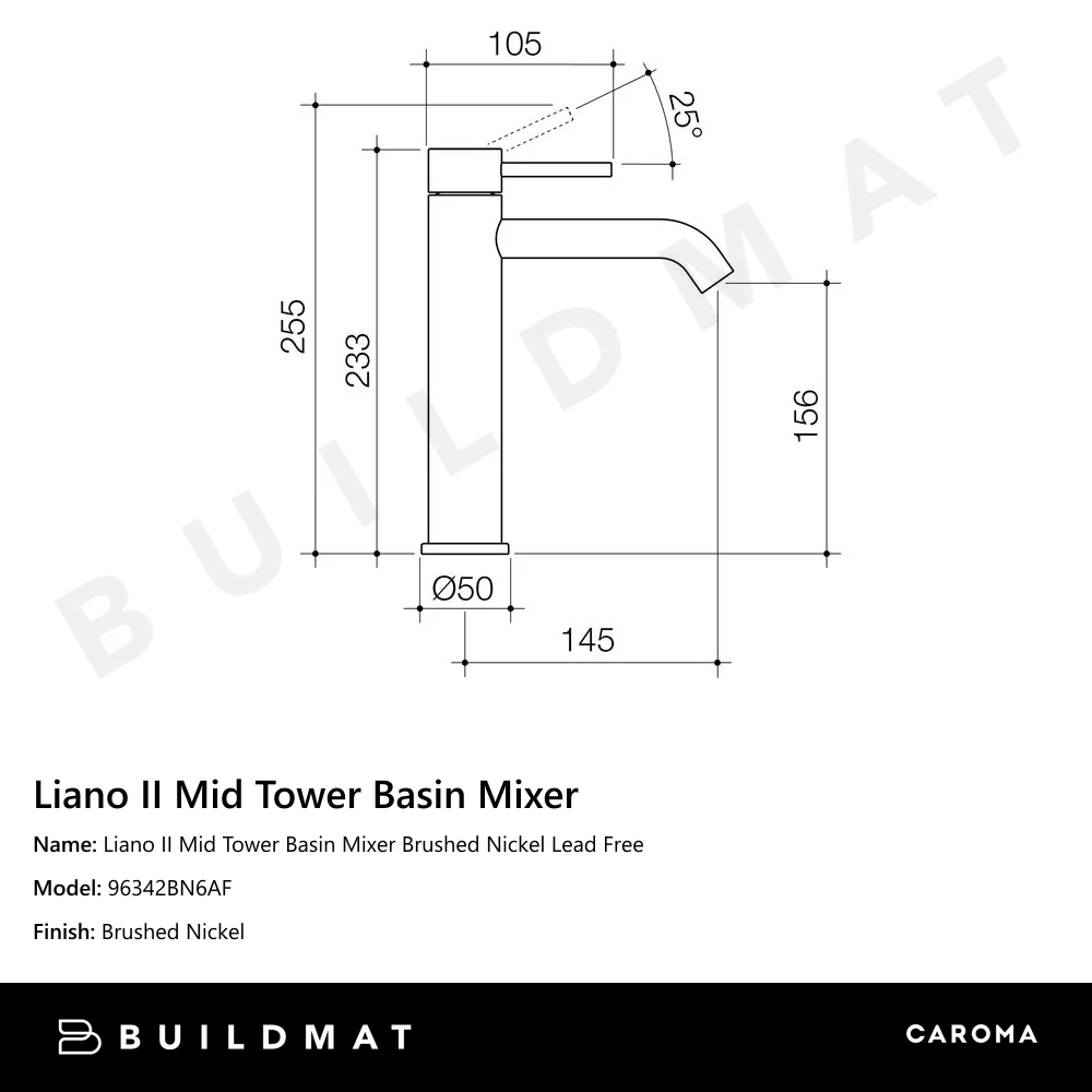 Caroma Liano II Mid Tower Basin Mixer Lead Free Brushed Nickel - Image 4