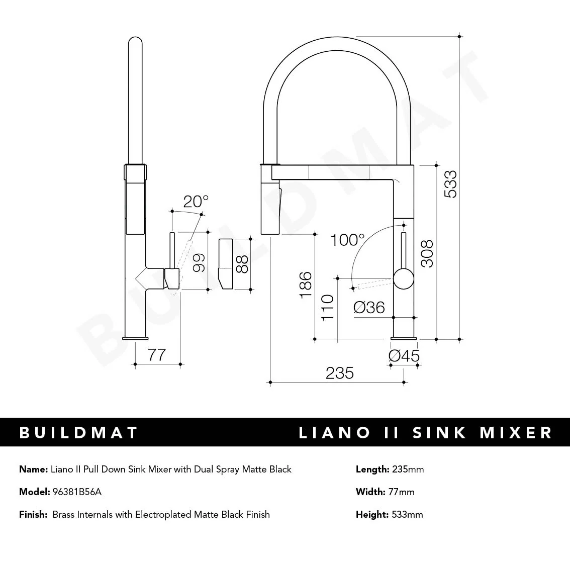 Caroma Liano II (Vogue) Pull Down Sink Mixer with Spray Matte Black - Image 4