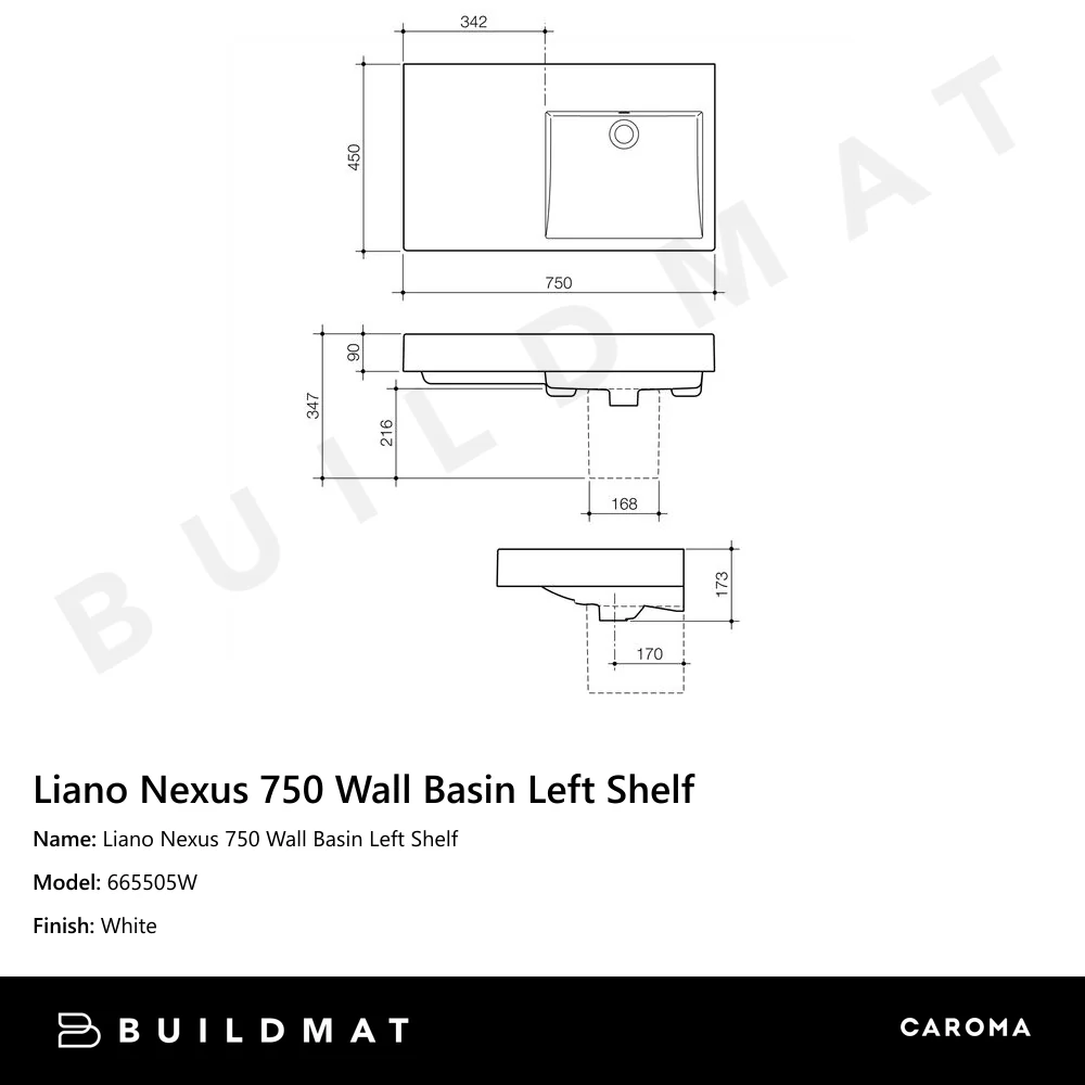Caroma Liano Nexus 750 Wall Basin Left Shelf No Taphole - Image 4