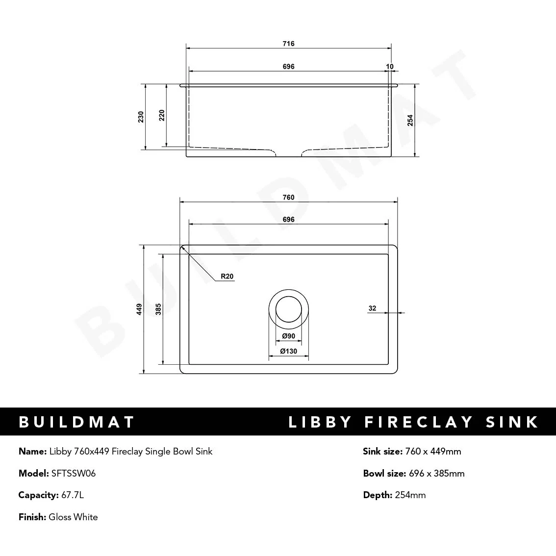 Alma Libby 760x449 Gloss White Fireclay Single Bowl Sink - Image 8