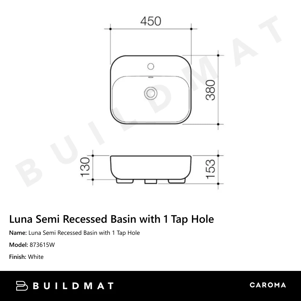 Caroma Luna Semi Recessed Basin with 1 Tap Hole - Image 4
