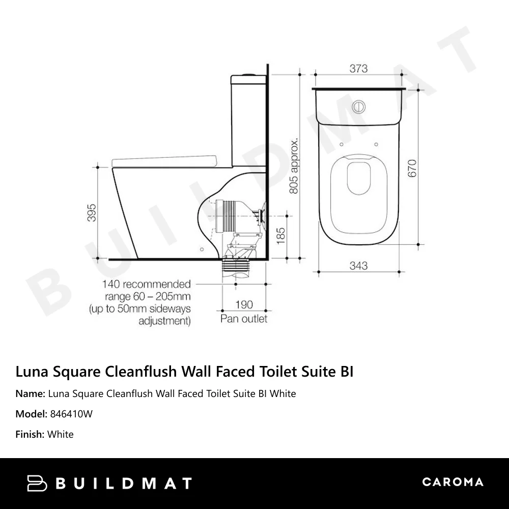 Caroma Luna Square Cleanflush Wall Faced Toilet Suite Bottom Inlet White - Image 4