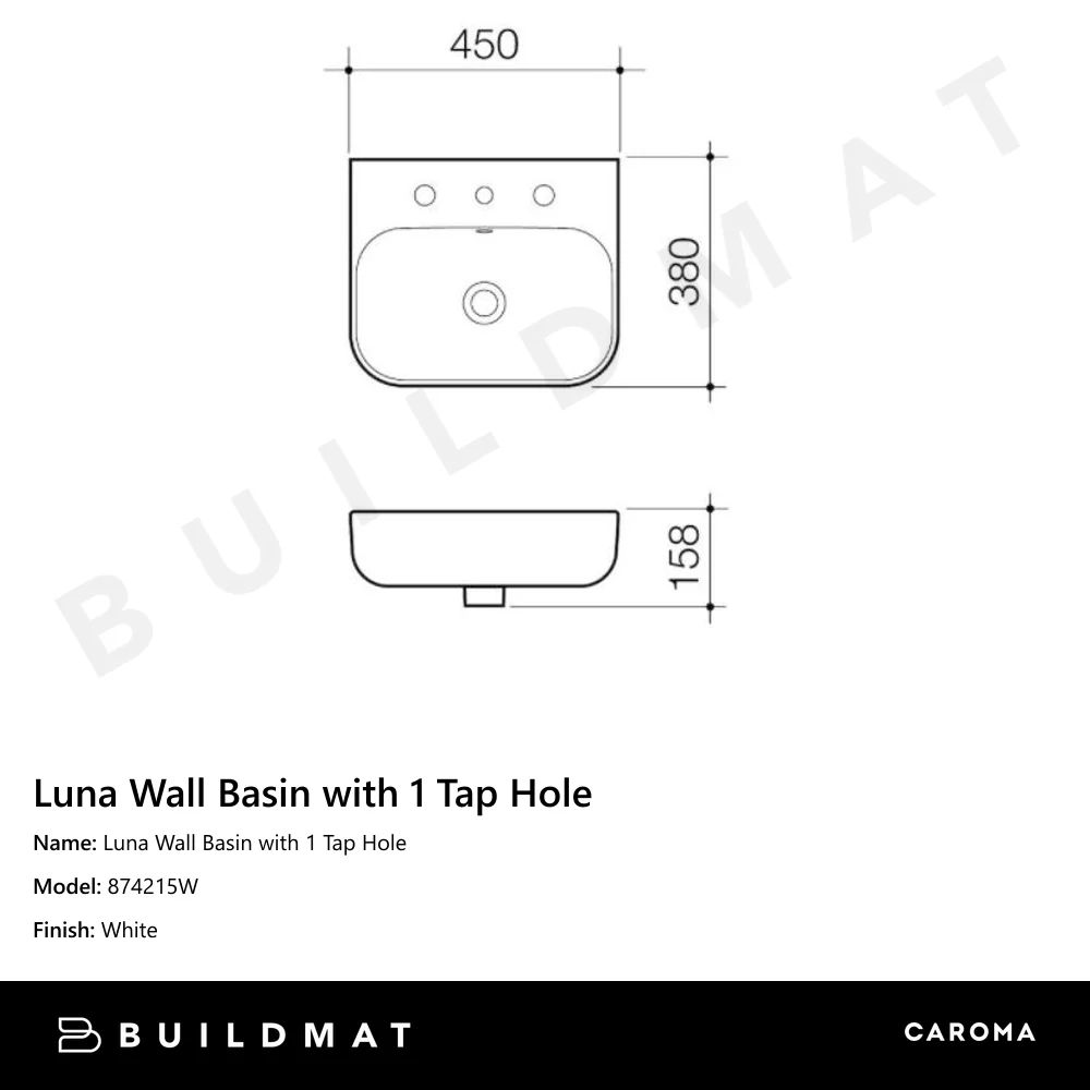 Caroma Luna Wall Basin with 1 Tap Hole - Image 4