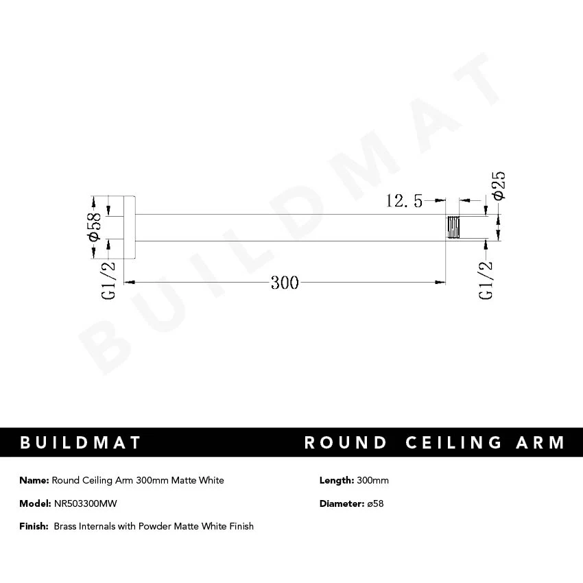 Nero Round Ceiling Arm 300mm Matte White - Image 4