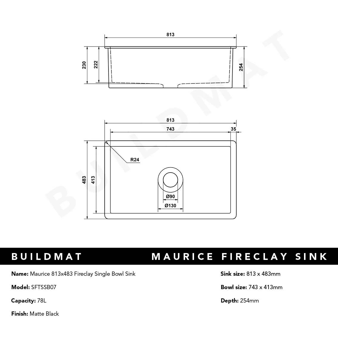 Alma Maurice 813x483 Matte Black Fireclay Single Bowl Sink - Image 8