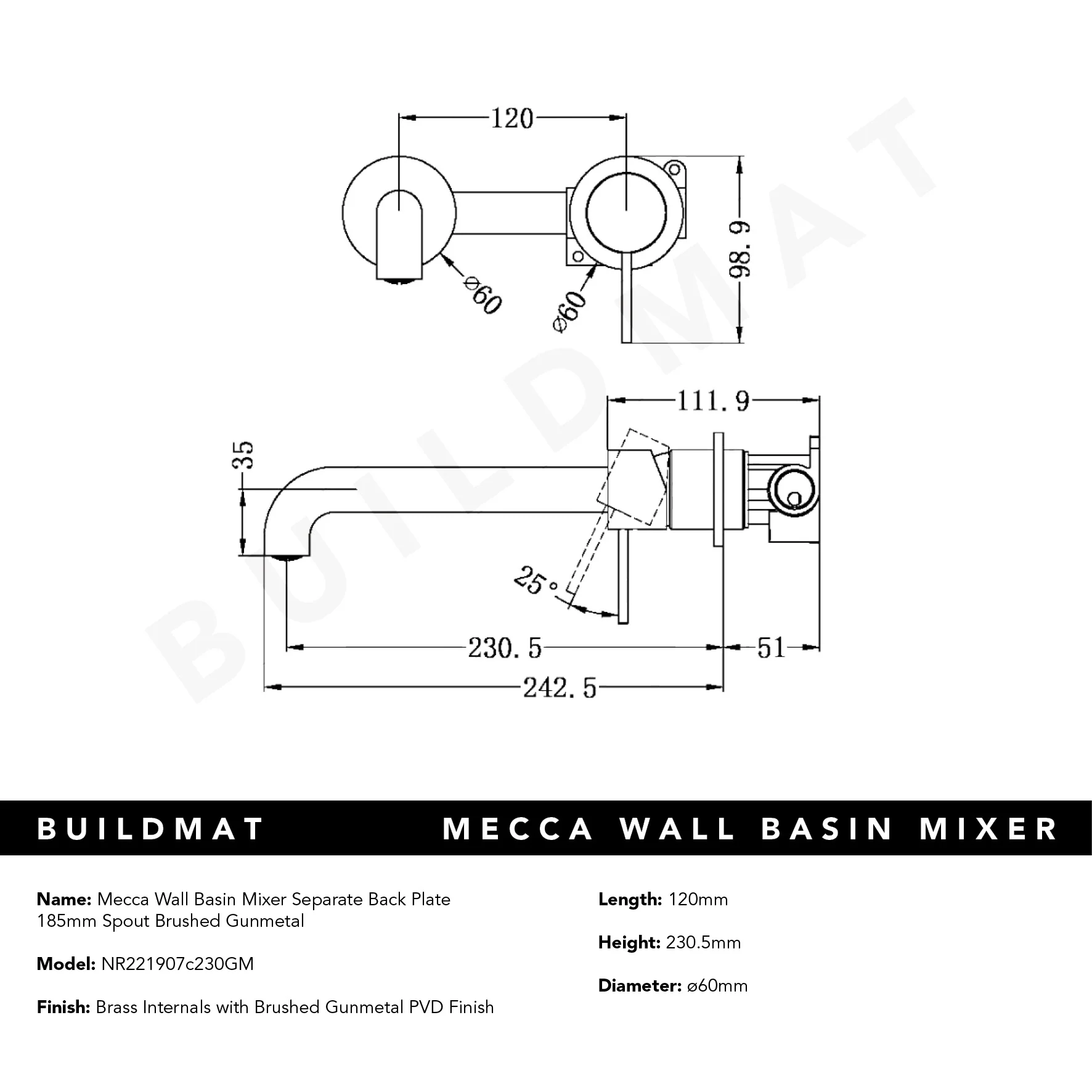 Nero Mecca Wall Basin Mixer Separate Back Plate 230mm Spout Gunmetal - Image 6