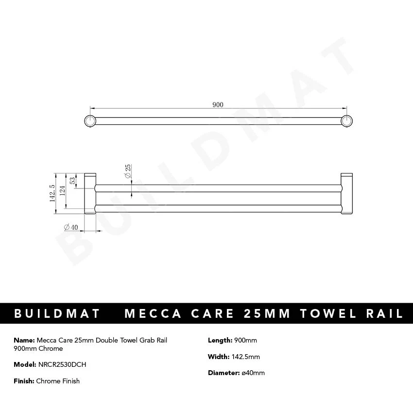 Nero Mecca Care 25mm Double Towel Grab Rail 900mm Chrome - Image 4