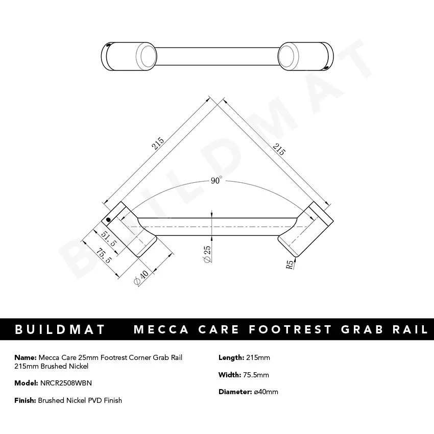 Nero Mecca Care 25mm Footrest Corner Grab Rail 215mm Brushed Nickel - Image 4