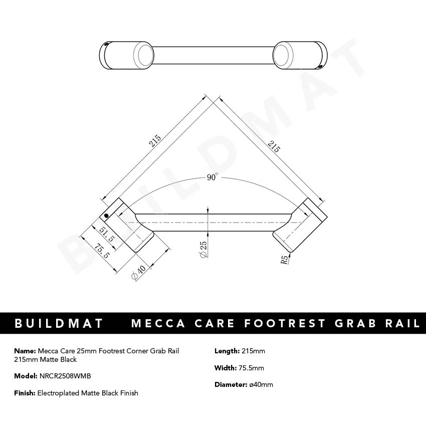 Nero Mecca Care 25mm Footrest Corner Grab Rail 215mm Matte Black - Image 4
