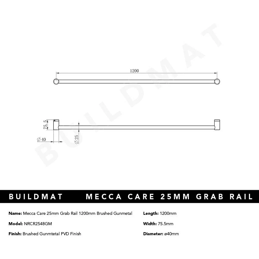 Nero Mecca Care 25mm Grab Rail 1200mm Brushed Gunmetal - Image 4