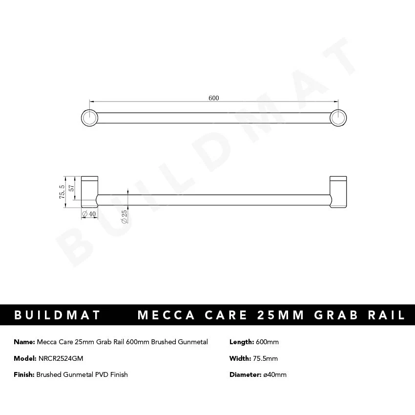 Nero Mecca Care 25mm Grab Rail 600mm Brushed Gunmetal - Image 4