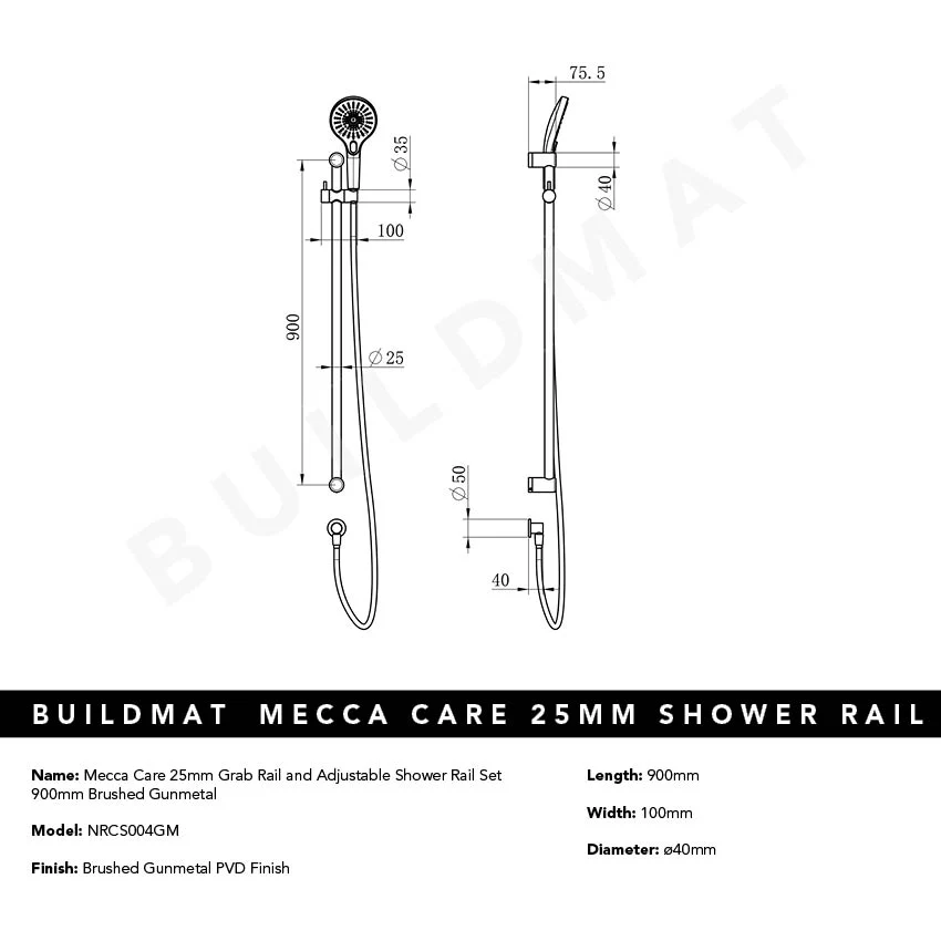 Nero Mecca Care 25mm Grab Rail and Adjustable Shower Rail Set 900mm Brushed Gunmetal - Image 4